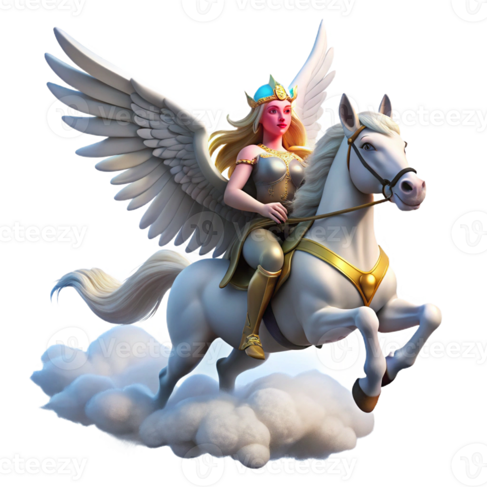 elegant vintage A beautiful Valkyrie riding a winged horse through a cloudy sky, divine lighting, Norse mythology style authentic png