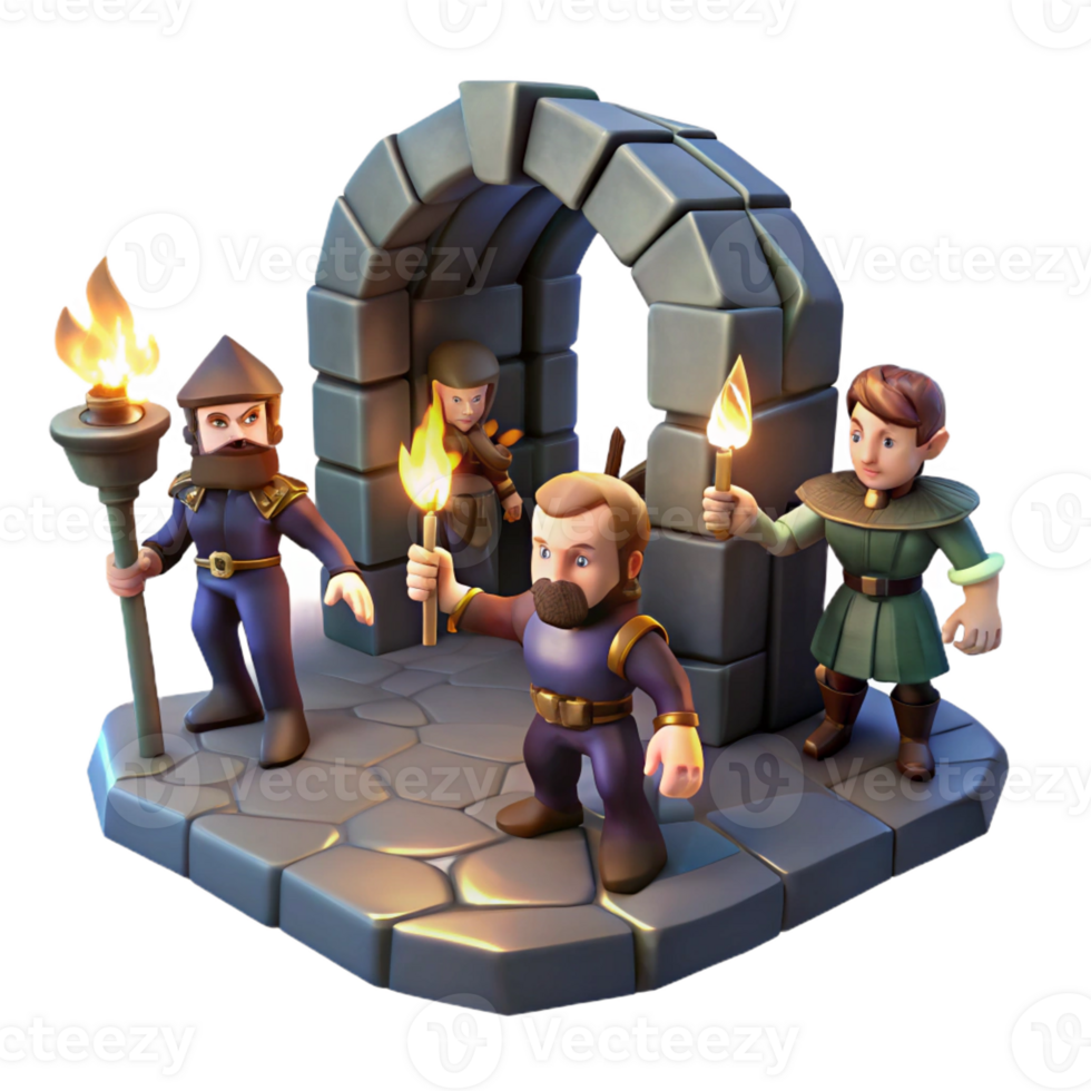 beautiful modern A group of adventurers exploring a dark dungeon, flickering torchlight, dungeon crawler style authentic png