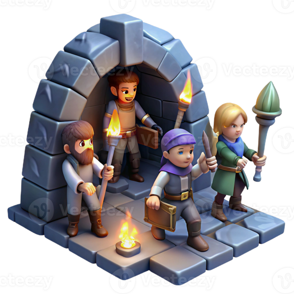 serene abstract A group of adventurers exploring a dark dungeon, flickering torchlight, dungeon crawler style original png