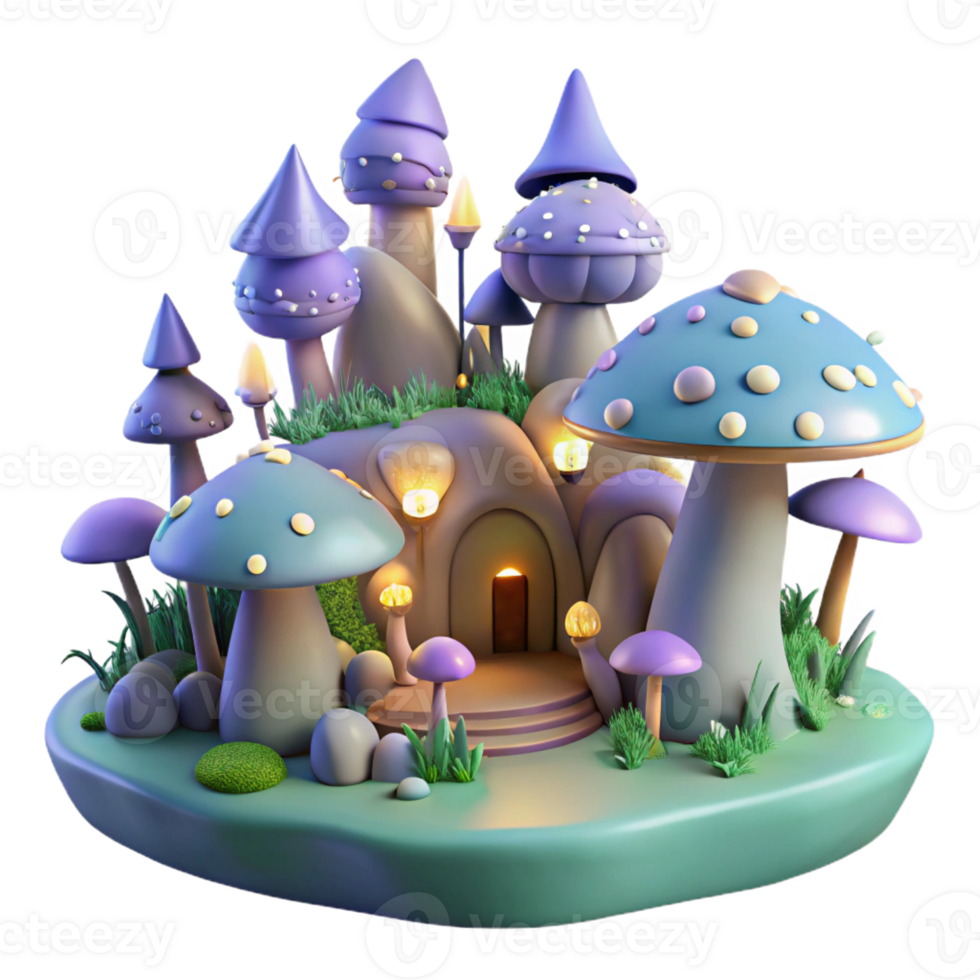 wonderful rustic A hidden village nestled in a giant mushroom forest, bioluminescent lighting, fairytale style original png