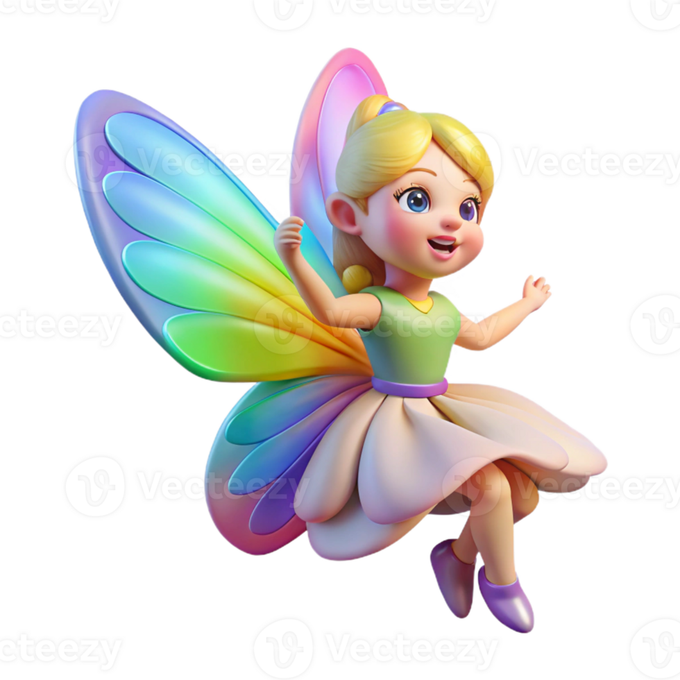 dramatic modern A whimsical fairy riding a butterfly, soft rainbow lighting, children's book illustration style high quality png