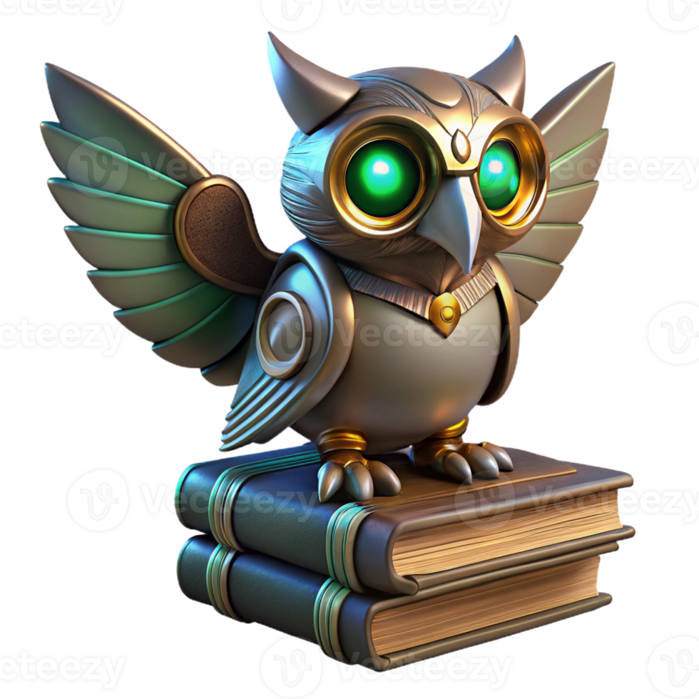 wonderful traditional A robotic owl with brass wings and glowing emerald eyes, perched on a stack of antique books, in a dimly lit library with visible dust motes authentic png