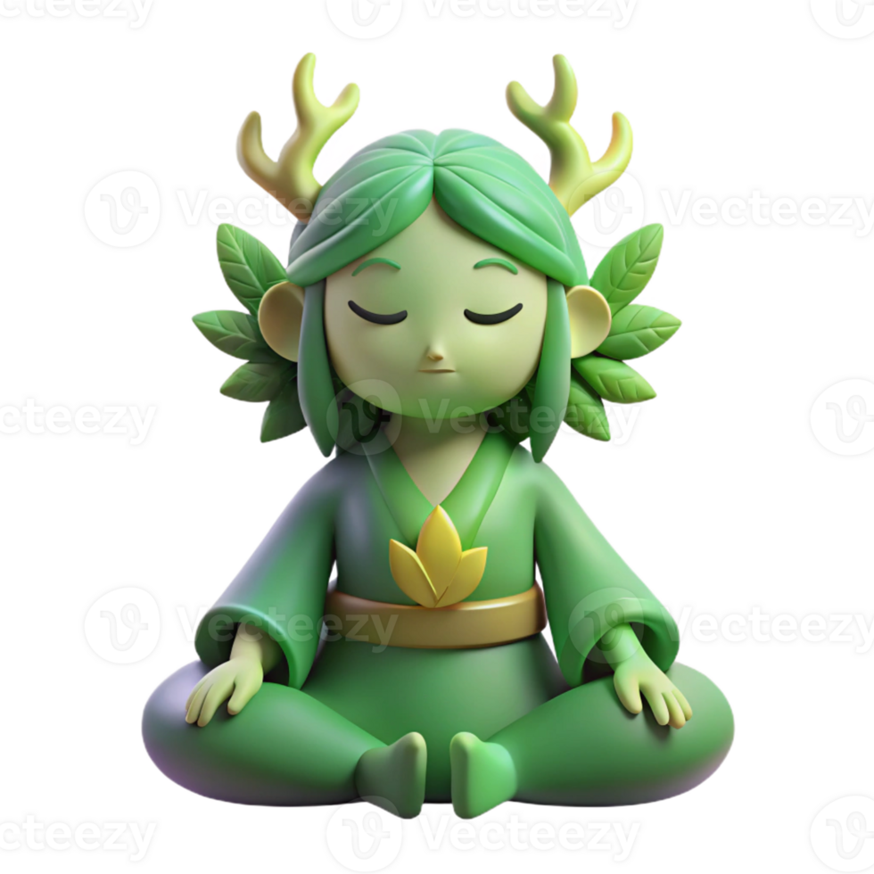 beautiful rustic A serene forest spirit meditating in a hidden grove, soft green lighting, nature photography style detailed png