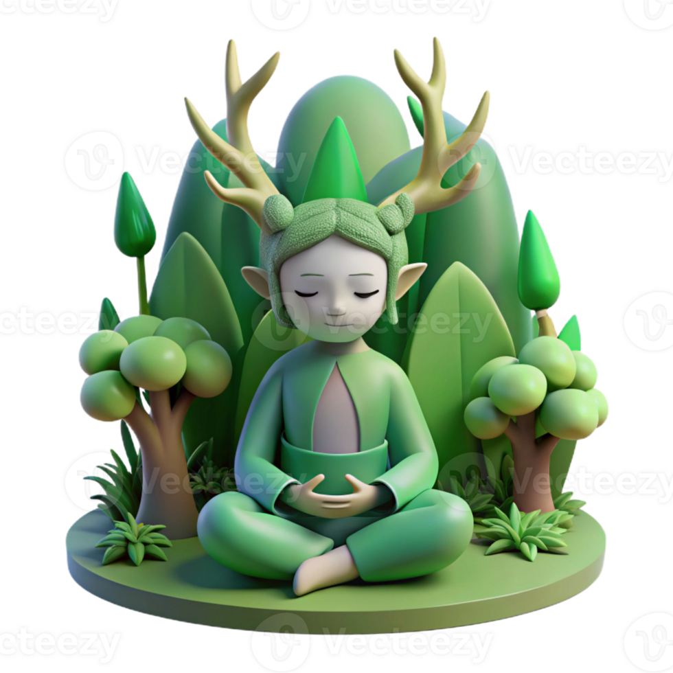 dramatic modern A serene forest spirit meditating in a hidden grove, soft green lighting, nature photography style high quality png