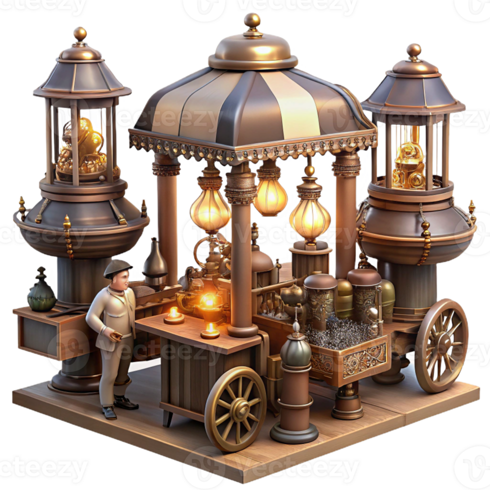 elegant creative A bustling steampunk marketplace filled with vendors selling bizarre gadgets and automatons, illuminated by hanging Edison bulbs and flickering gas lamps 4K png