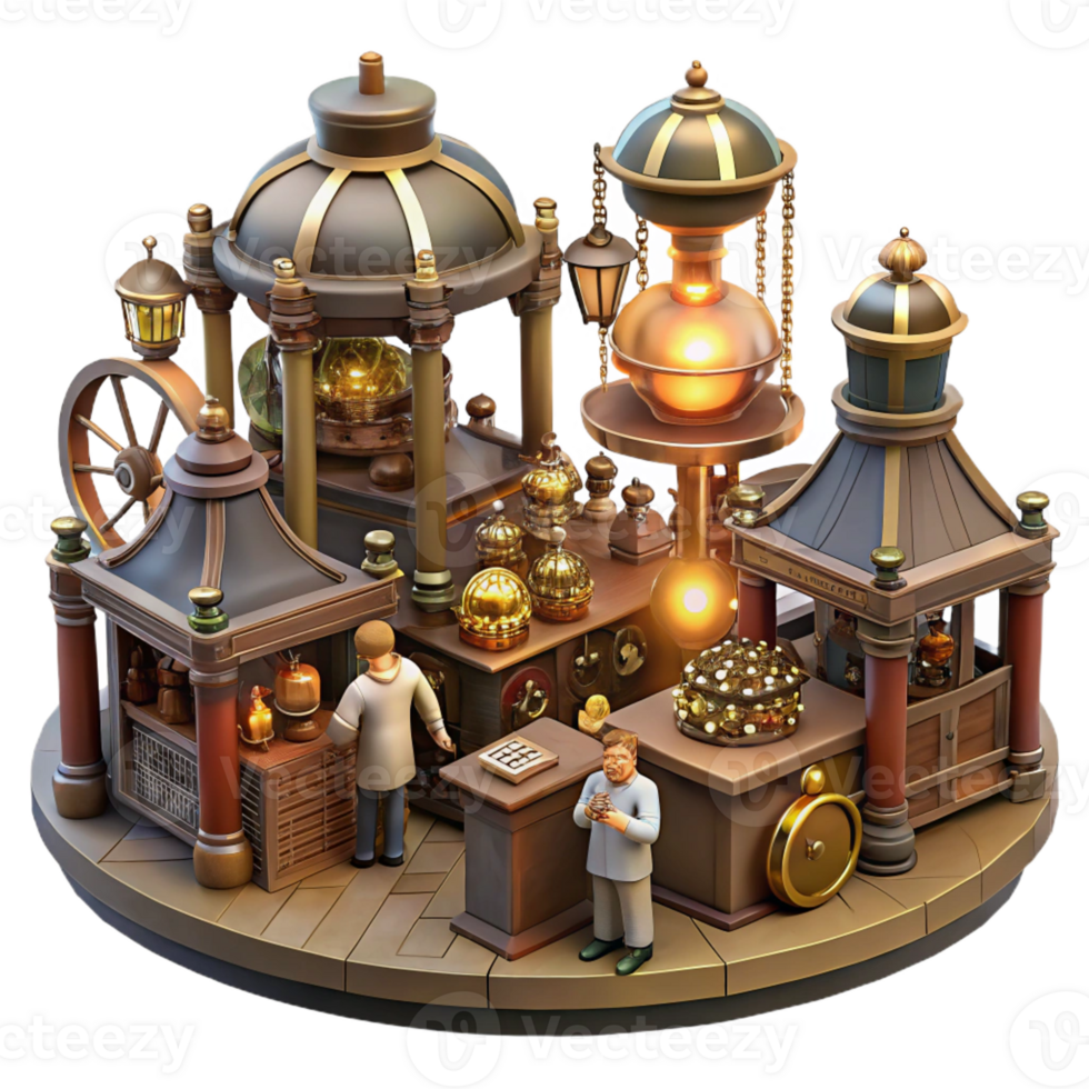magnificent traditional A bustling steampunk marketplace filled with vendors selling bizarre gadgets and automatons, illuminated by hanging Edison bulbs and flickering gas lamps detailed png