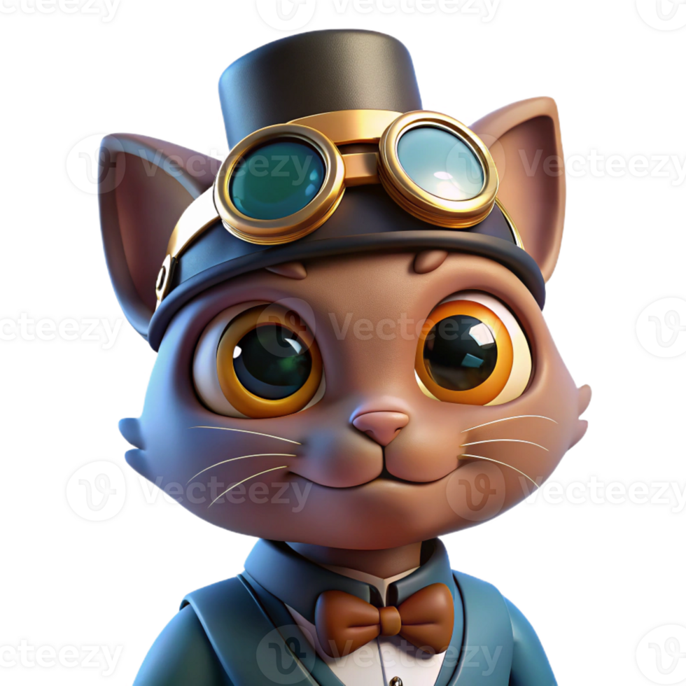 stunning contemporary A portrait of a steampunk cat wearing a tiny top hat and goggles, with a mischievous expression, lit by a soft, diffused light genuine png