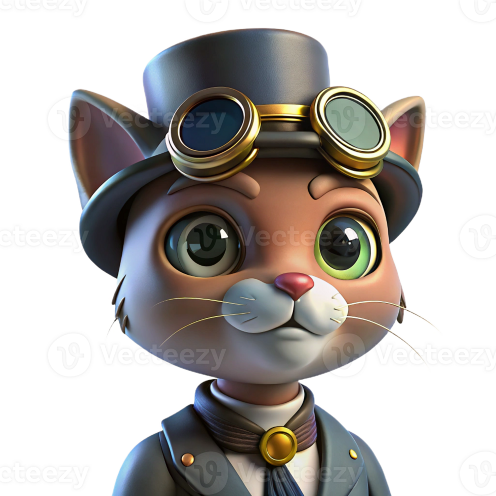 vibrant contemporary A portrait of a steampunk cat wearing a tiny top hat and goggles, with a mischievous expression, lit by a soft, diffused light authentic png