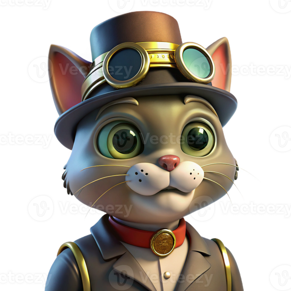 serene creative A portrait of a steampunk cat wearing a tiny top hat and goggles, with a mischievous expression, lit by a soft, diffused light original png