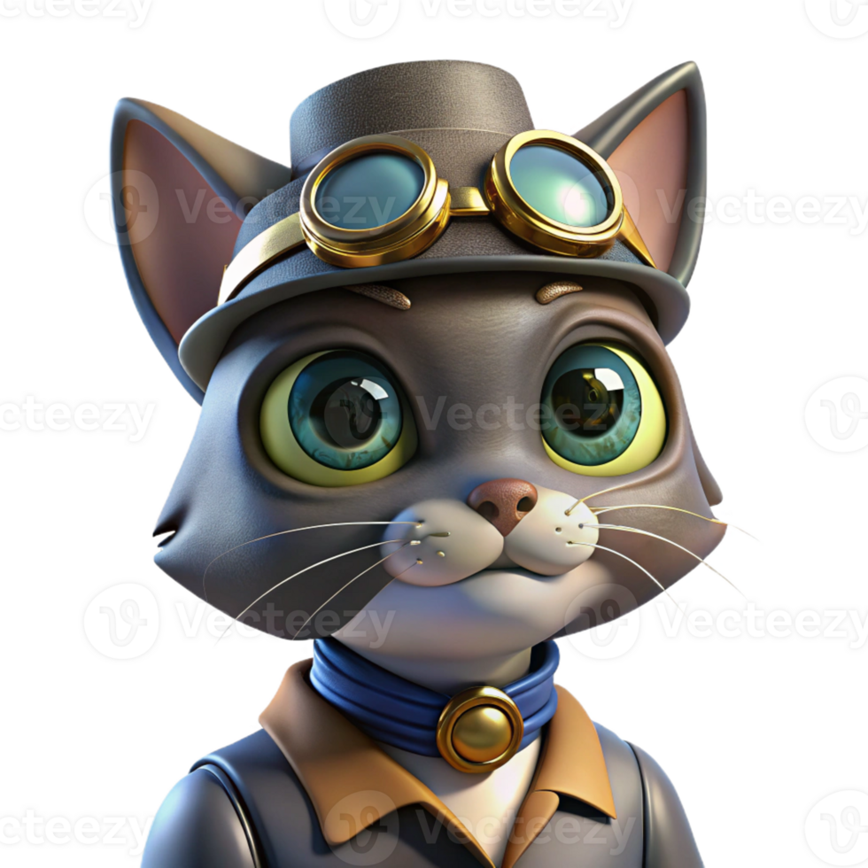 beautiful vintage A portrait of a steampunk cat wearing a tiny top hat and goggles, with a mischievous expression, lit by a soft, diffused light 4K png