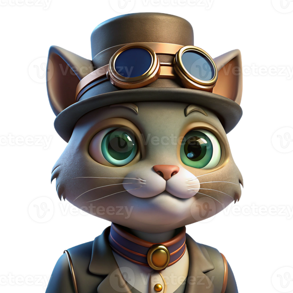 extraordinary artistic A portrait of a steampunk cat wearing a tiny top hat and goggles, with a mischievous expression, lit by a soft, diffused light 4K png