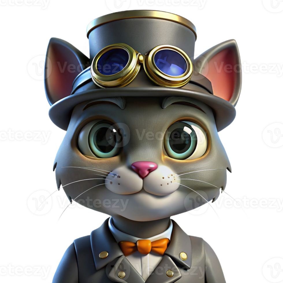 magnificent vintage A portrait of a steampunk cat wearing a tiny top hat and goggles, with a mischievous expression, lit by a soft, diffused light exclusive png