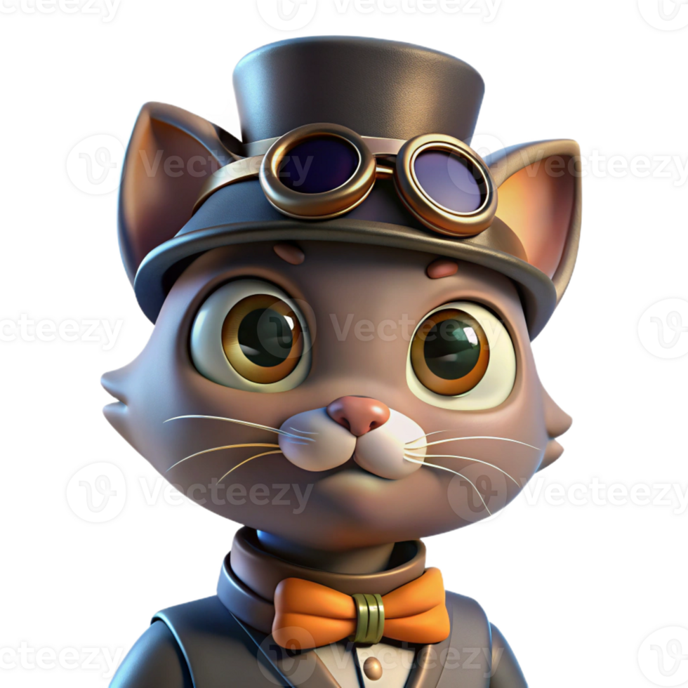 impressive modern A portrait of a steampunk cat wearing a tiny top hat and goggles, with a mischievous expression, lit by a soft, diffused light authentic png