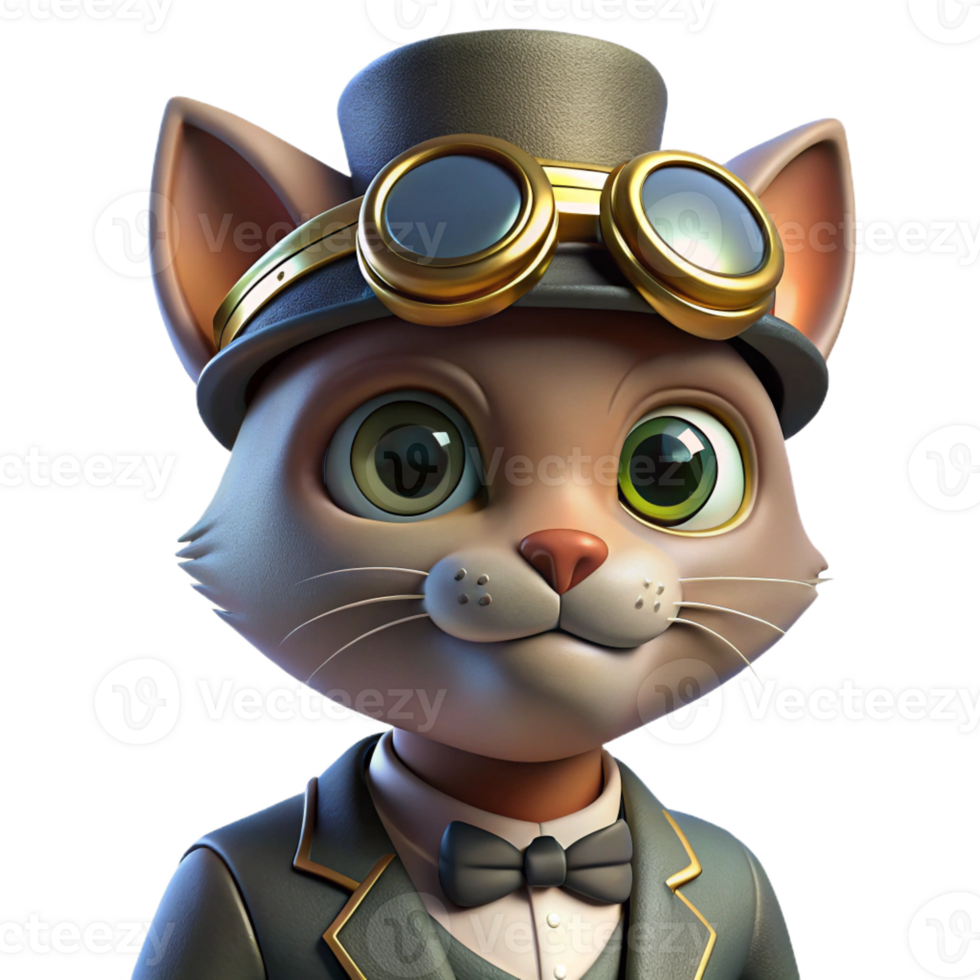 vibrant creative A portrait of a steampunk cat wearing a tiny top hat and goggles, with a mischievous expression, lit by a soft, diffused light high resolution png