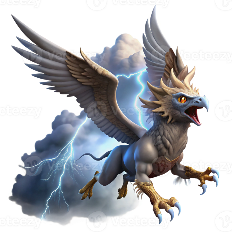 magnificent vintage A majestic griffin soaring through a stormy sky, dramatic lightning, fantasy art style authentic png