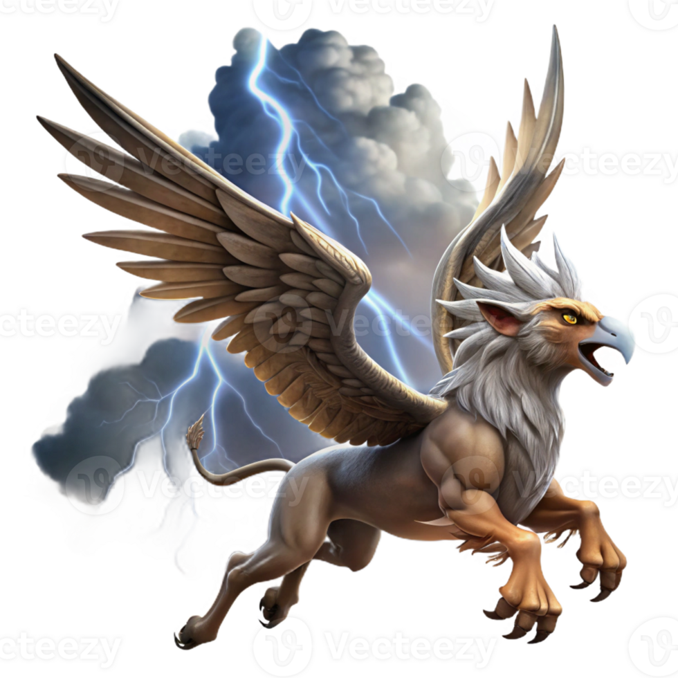 elegant vintage A majestic griffin soaring through a stormy sky, dramatic lightning, fantasy art style authentic png