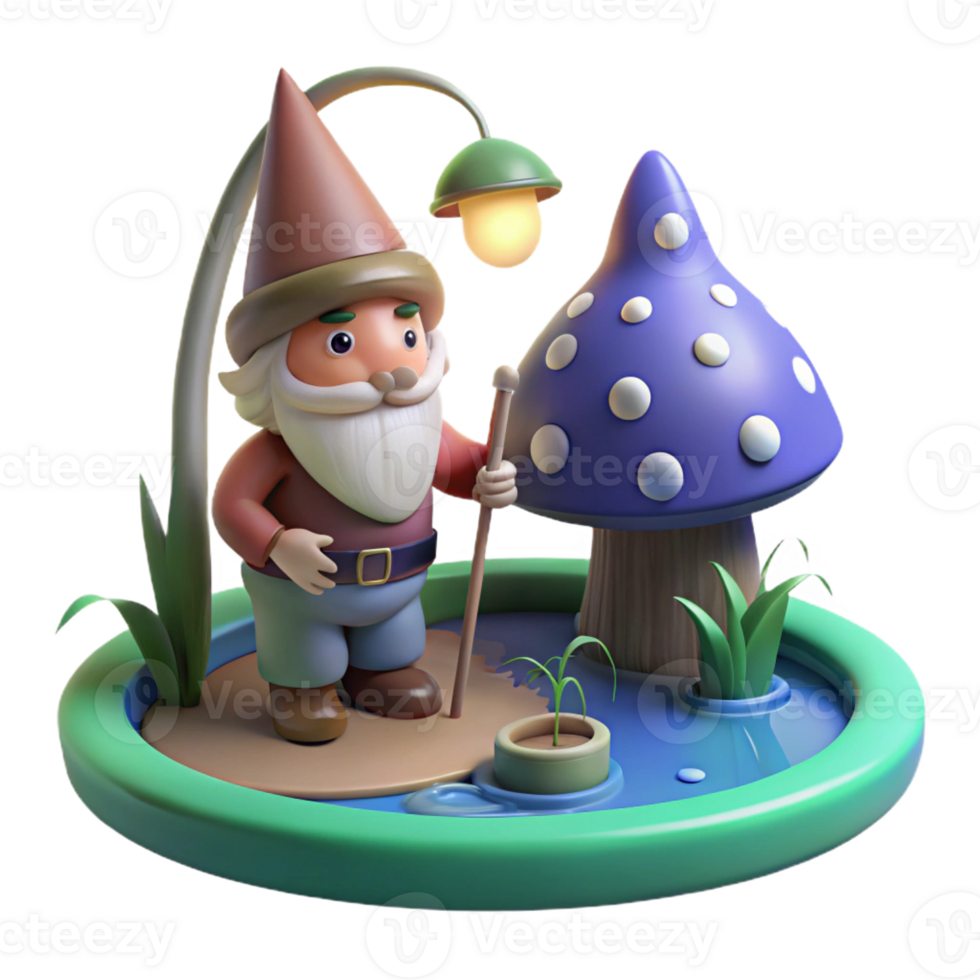 vibrant traditional A whimsical gnome fishing in a glowing mushroom pond, soft moonlight, fairytale style premium png