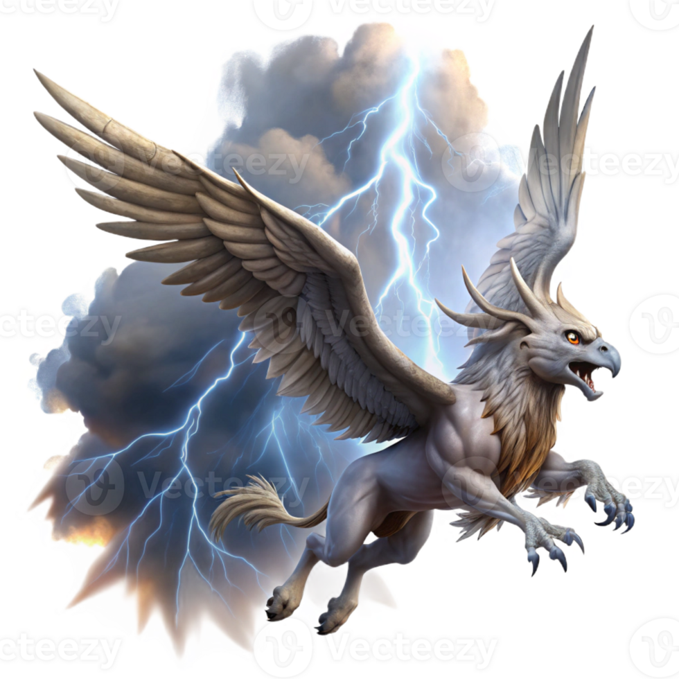 elegant abstract A majestic griffin soaring through a stormy sky, dramatic lightning, fantasy art style detailed png