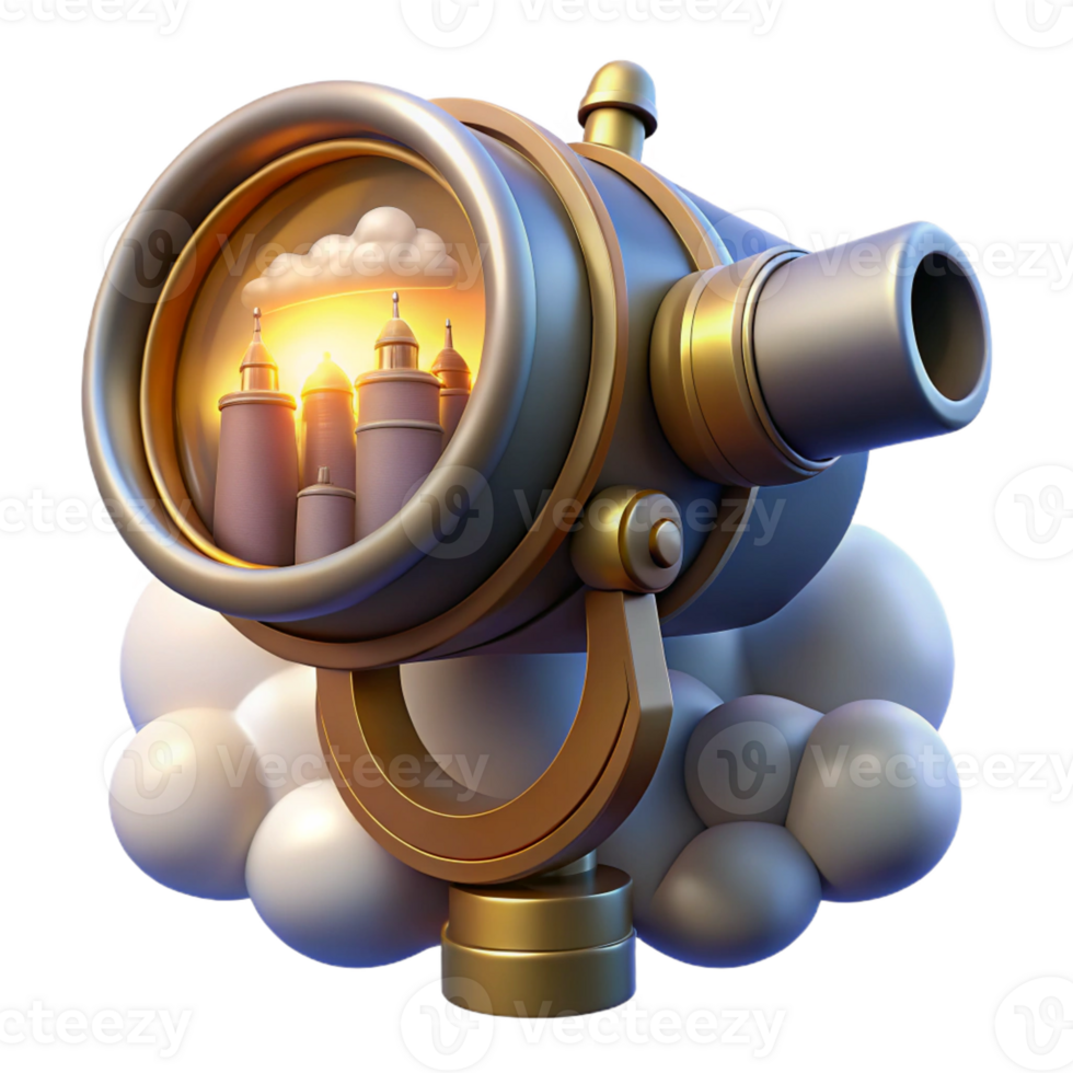 beautiful modern A view through a steampunk telescope showing a distant city in the clouds, illuminated by a bright, otherworldly light high resolution png