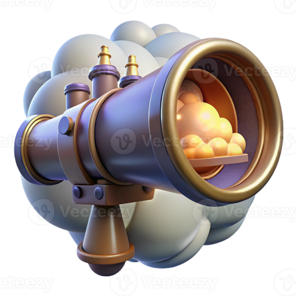 vibrant minimalist A view through a steampunk telescope showing a distant city in the clouds, illuminated by a bright, otherworldly light premium png