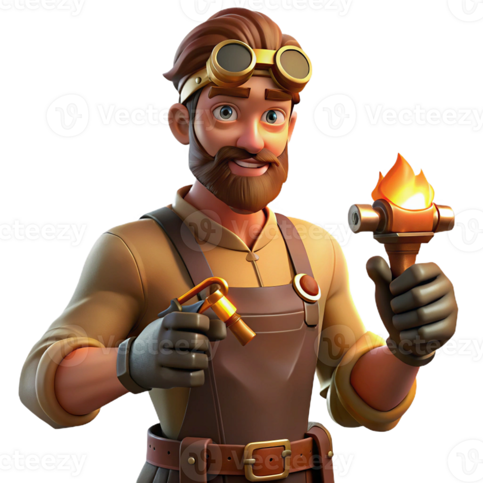 wonderful modern A portrait of a steampunk inventor with grease-stained hands, holding a wrench, lit by the warm glow of a forge 4K png