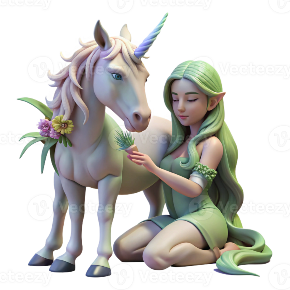 dramatic classic A serene dryad tending to a wounded unicorn, soft sunlight, fantasy art style original png