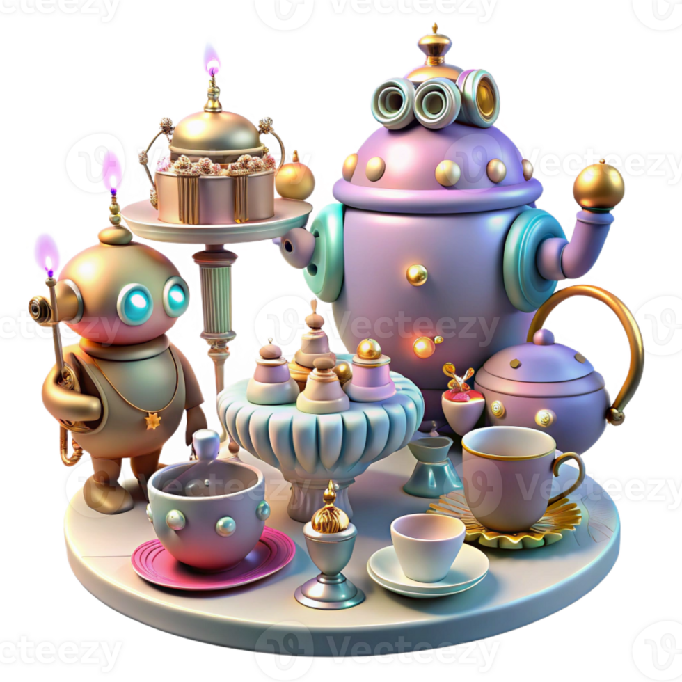 impressive abstract A whimsical steampunk tea party with robotic guests and elaborate pastries, illuminated by soft, colorful fairy lights high resolution png