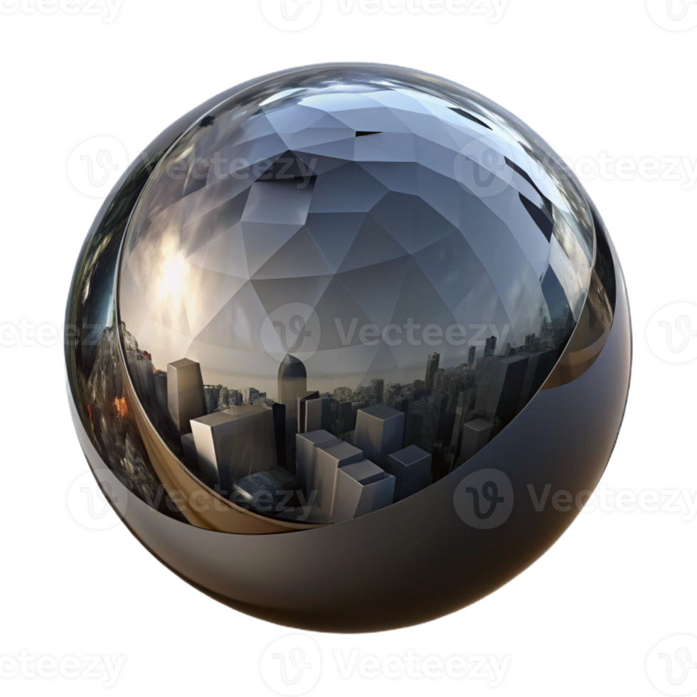 serene contemporary A single, perfect sphere of polished obsidian reflecting a distorted, fragmented cityscape, under a soft, ethereal light professional png