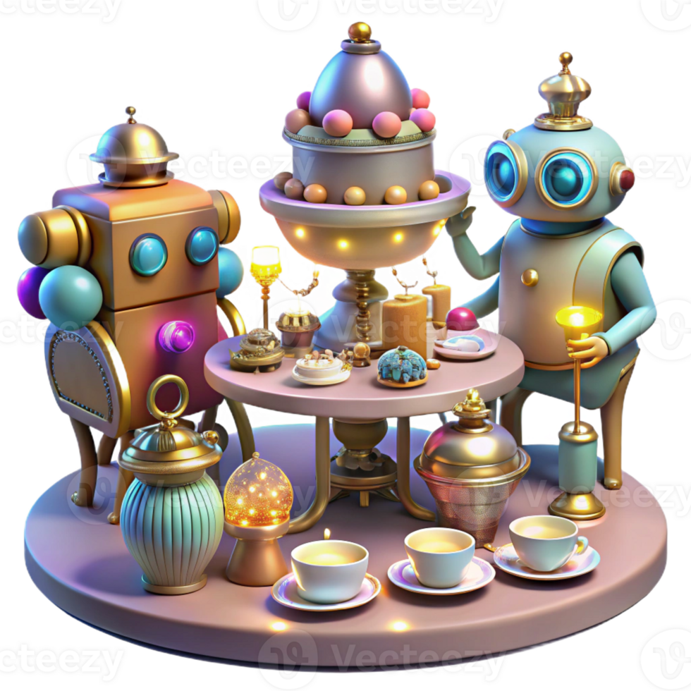 vibrant traditional A whimsical steampunk tea party with robotic guests and elaborate pastries, illuminated by soft, colorful fairy lights high resolution png