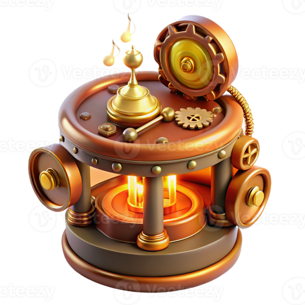 magnificent abstract A close-up of a steampunk music box playing a melancholic melody, intricate gears and tiny figures, illuminated by a warm candlelight professional png