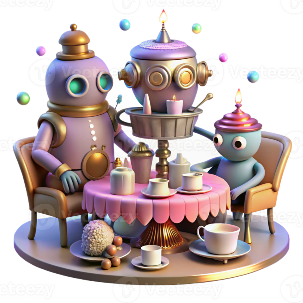 beautiful modern A whimsical steampunk tea party with robotic guests and elaborate pastries, illuminated by soft, colorful fairy lights professional png