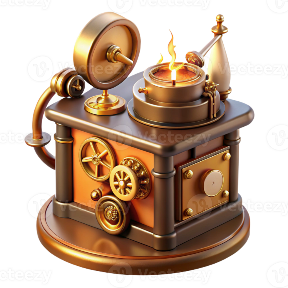 wonderful artistic A close-up of a steampunk music box playing a melancholic melody, intricate gears and tiny figures, illuminated by a warm candlelight 4K png