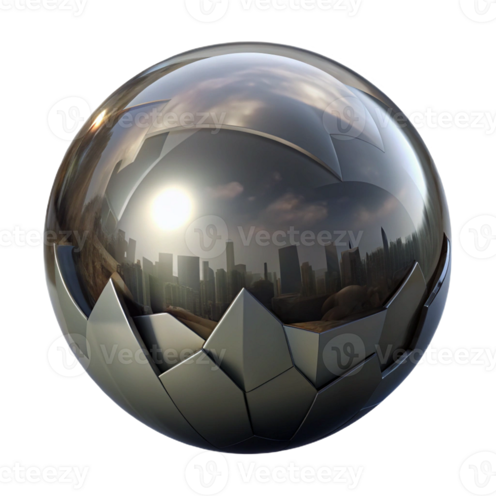 extraordinary minimalist A single, perfect sphere of polished obsidian reflecting a distorted, fragmented cityscape, under a soft, ethereal light exclusive png