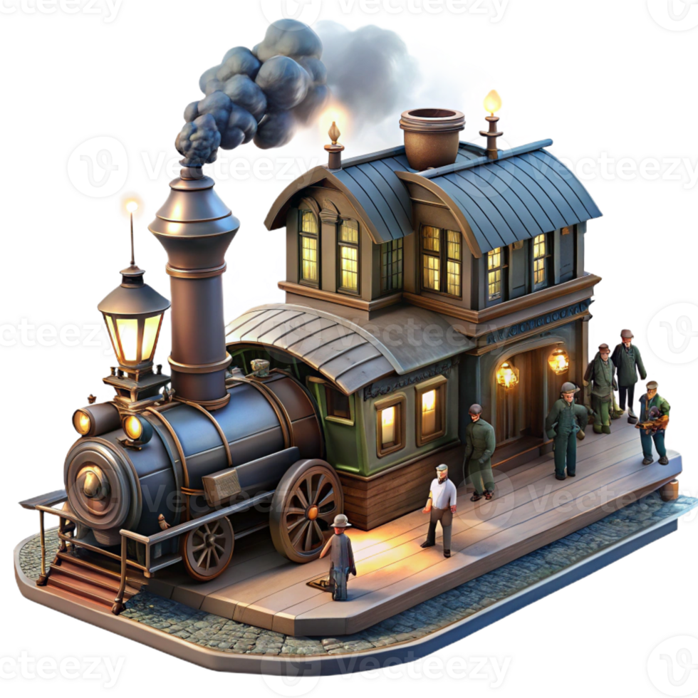 serene modern A bustling steampunk train station with steam billowing and people rushing, illuminated by gas lamps and the headlights of the train original png