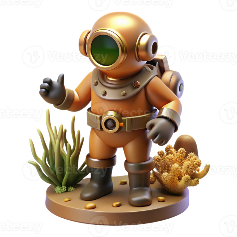 elegant minimalist A steampunk diver in a brass diving suit exploring a coral reef, illuminated by the underwater sunlight professional png