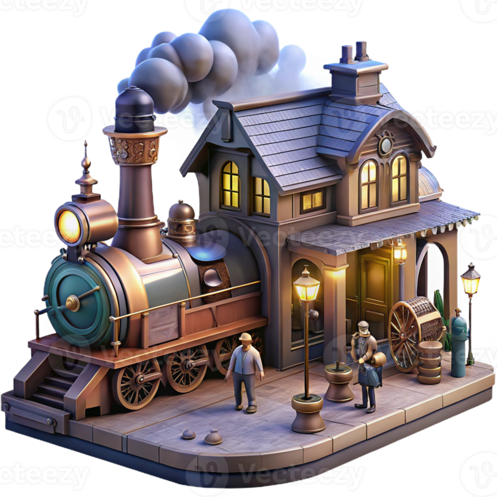 elegant minimalist A bustling steampunk train station with steam billowing and people rushing, illuminated by gas lamps and the headlights of the train premium png