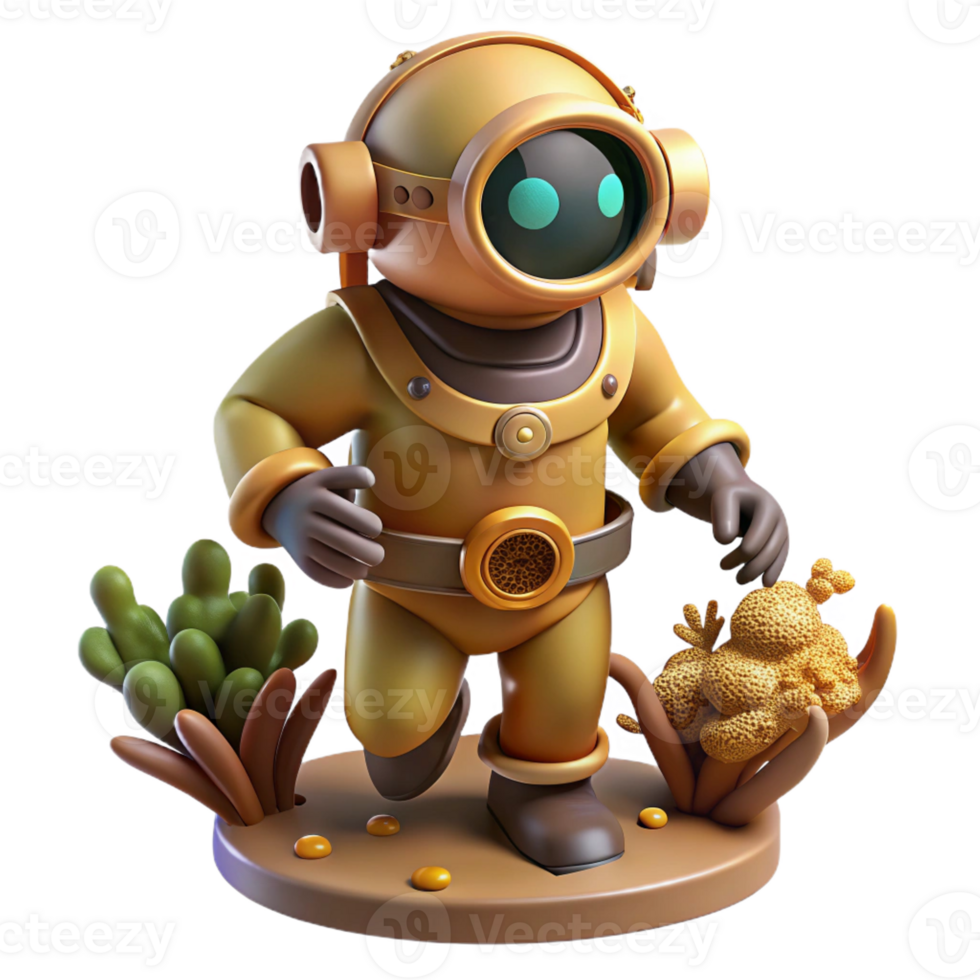 magnificent vintage A steampunk diver in a brass diving suit exploring a coral reef, illuminated by the underwater sunlight 4K png