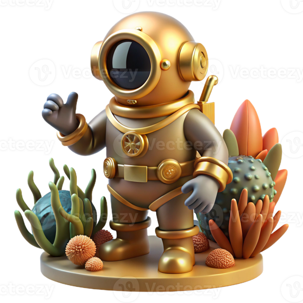 wonderful rustic A steampunk diver in a brass diving suit exploring a coral reef, illuminated by the underwater sunlight detailed png