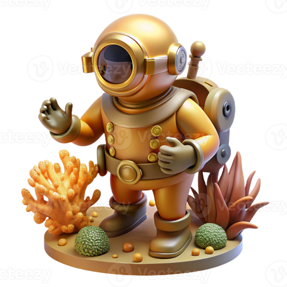 extraordinary abstract A steampunk diver in a brass diving suit exploring a coral reef, illuminated by the underwater sunlight 4K png