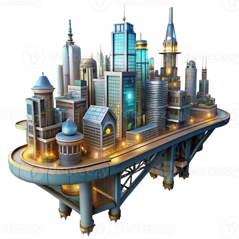 magnificent minimalist A steampunk cityscape with towering buildings connected by intricate sky bridges, illuminated by a vibrant, futuristic glow exclusive png