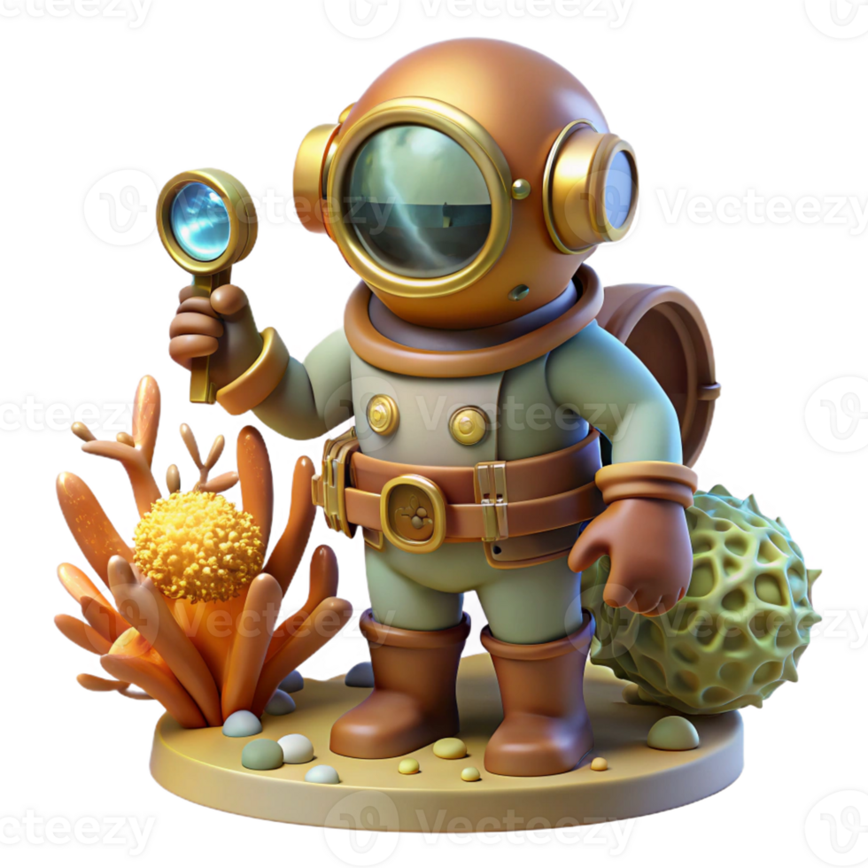 elegant creative A steampunk diver in a brass diving suit exploring a coral reef, illuminated by the underwater sunlight 4K png