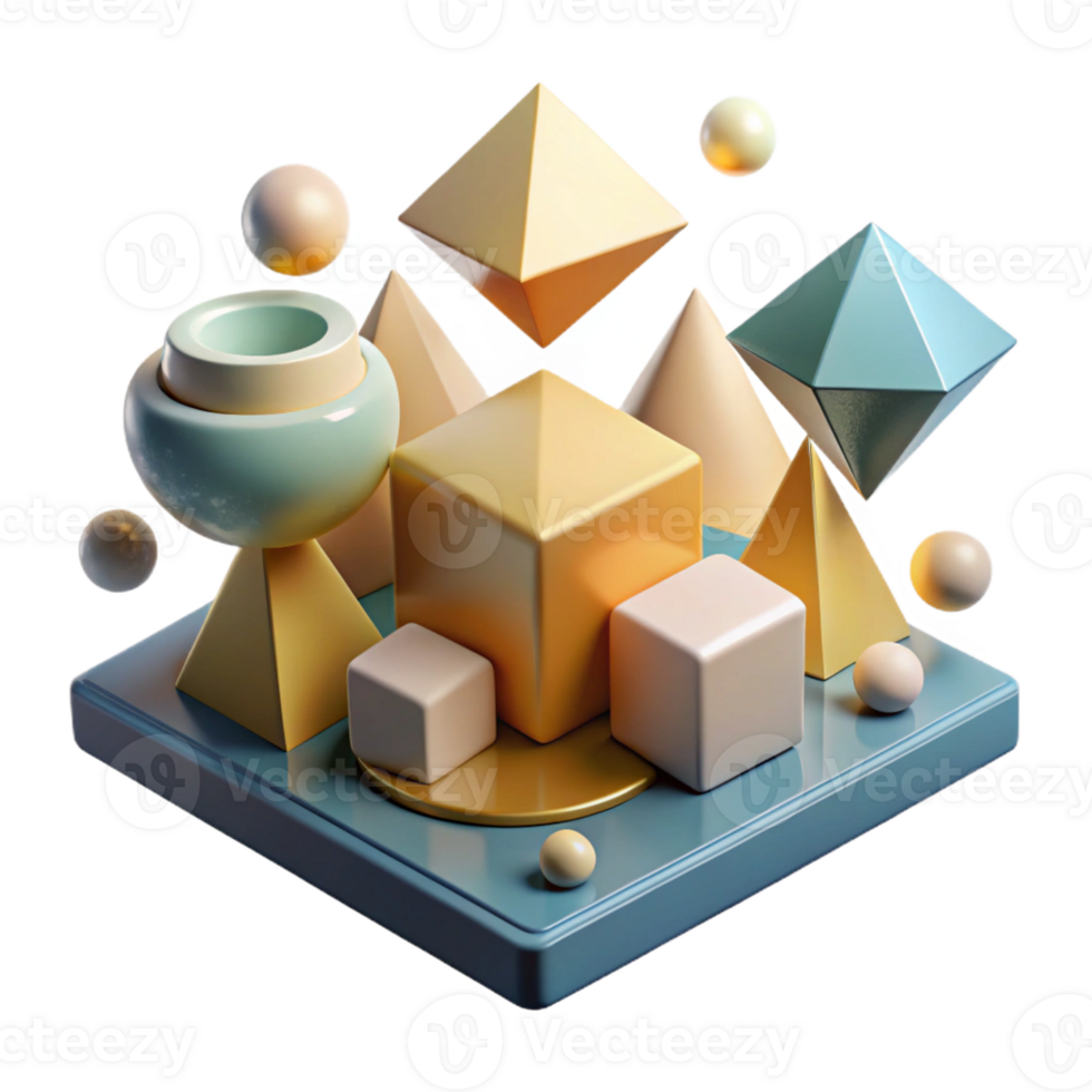 serene rustic A field of geometric shapes, cubes and pyramids, floating in a zero-gravity environment, lit by a single, directional light source detailed png