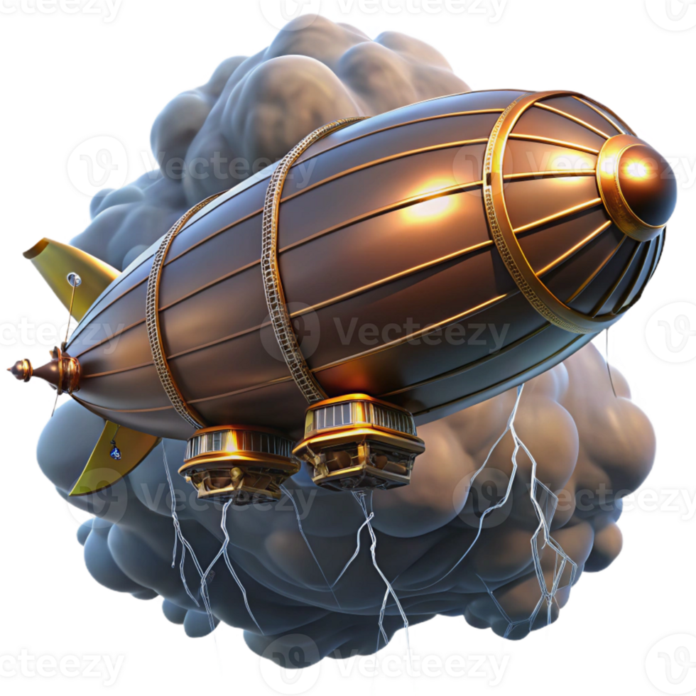 impressive abstract A majestic steampunk zeppelin soaring through a stormy sky, illuminated by flashes of lightning premium png