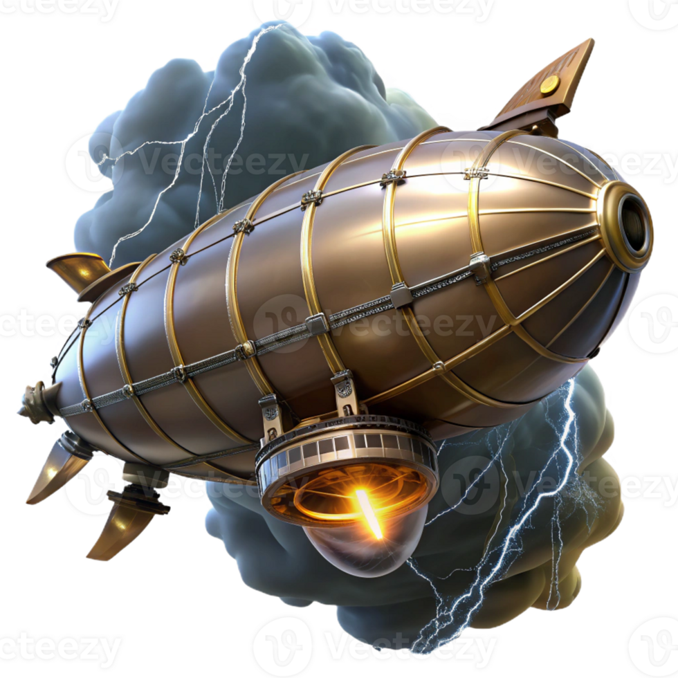 elegant modern A majestic steampunk zeppelin soaring through a stormy sky, illuminated by flashes of lightning high quality png