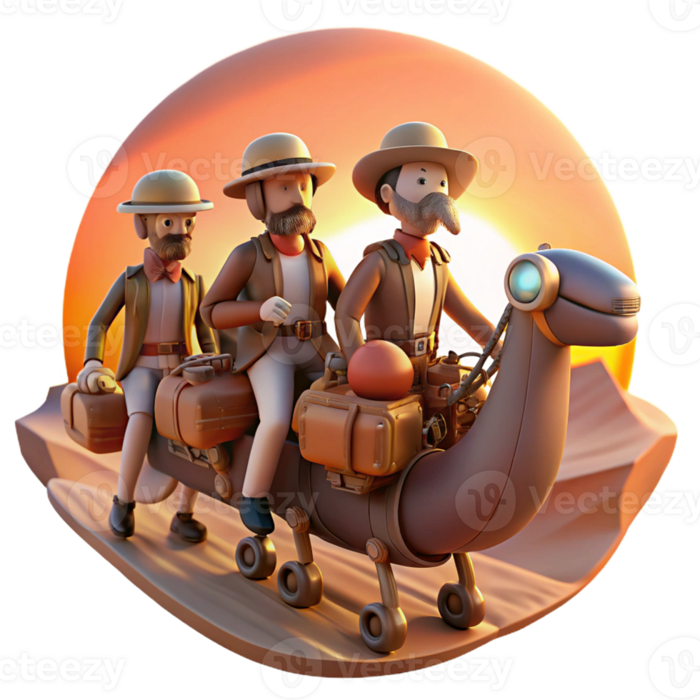 beautiful contemporary A group of steampunk explorers on a mechanical ostrich, racing across a desert landscape, illuminated by the setting sun high quality png