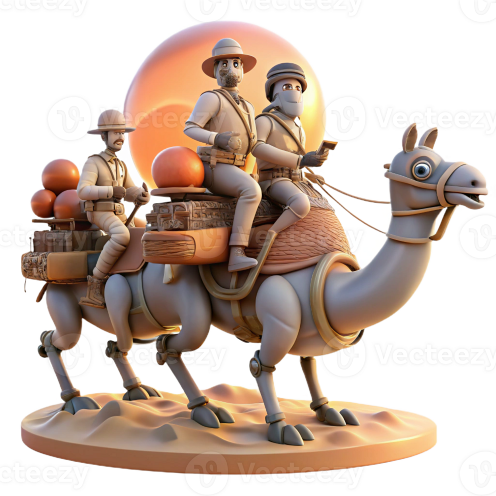 elegant creative A group of steampunk explorers on a mechanical ostrich, racing across a desert landscape, illuminated by the setting sun original png