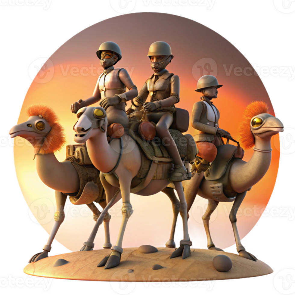 wonderful minimalist A group of steampunk explorers on a mechanical ostrich, racing across a desert landscape, illuminated by the setting sun high resolution png