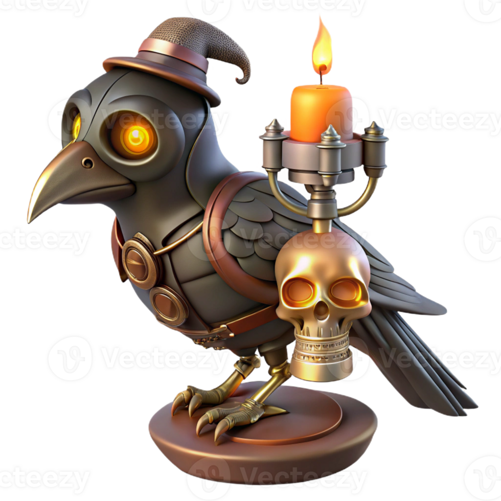 magnificent minimalist A steampunk automaton in the shape of a raven, perched on a skull, illuminated by a flickering candle premium png