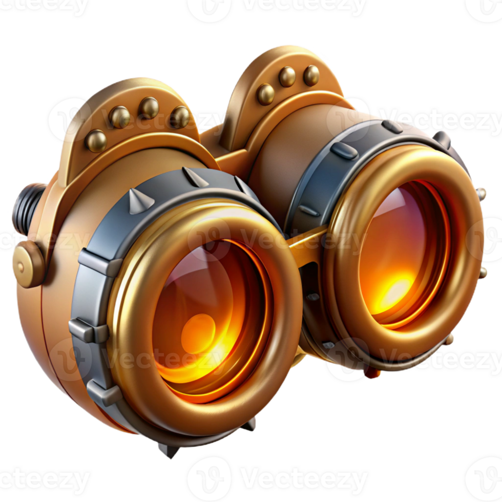 serene rustic A close-up of a steampunk goggles with intricate lenses and gears, illuminated by a bright, focused light original png