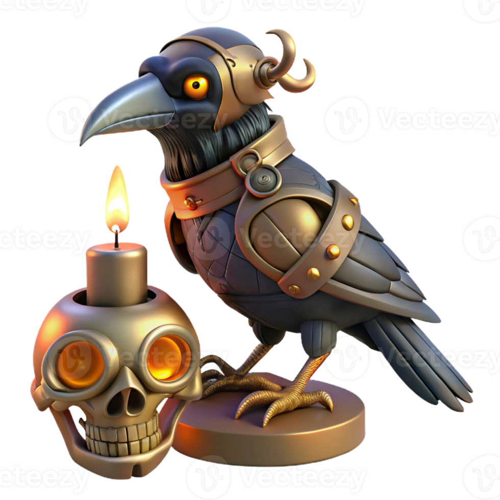 dramatic minimalist A steampunk automaton in the shape of a raven, perched on a skull, illuminated by a flickering candle 4K png